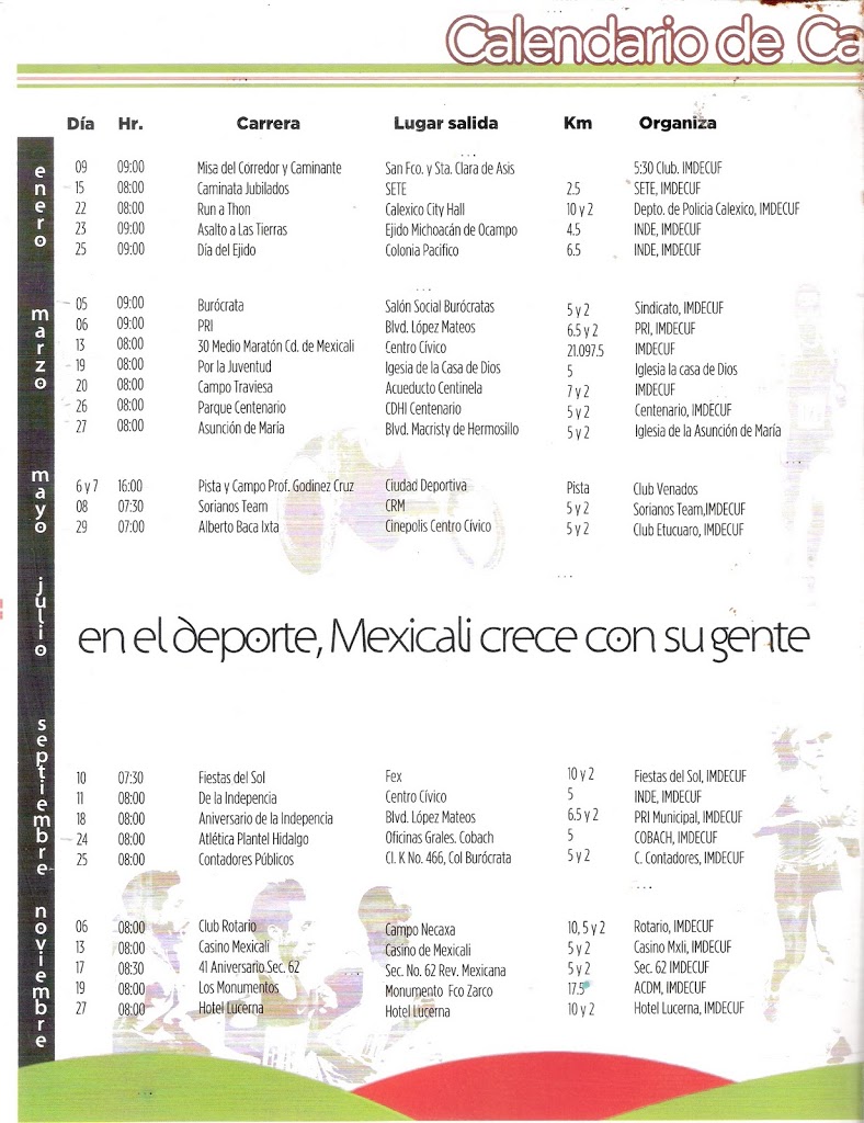 Calendario de Carreras Pedestres Mexicali 2011