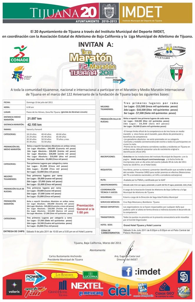 Convocatoria Oficial del Maratón y Medio Maratón de Tijuana 2011.