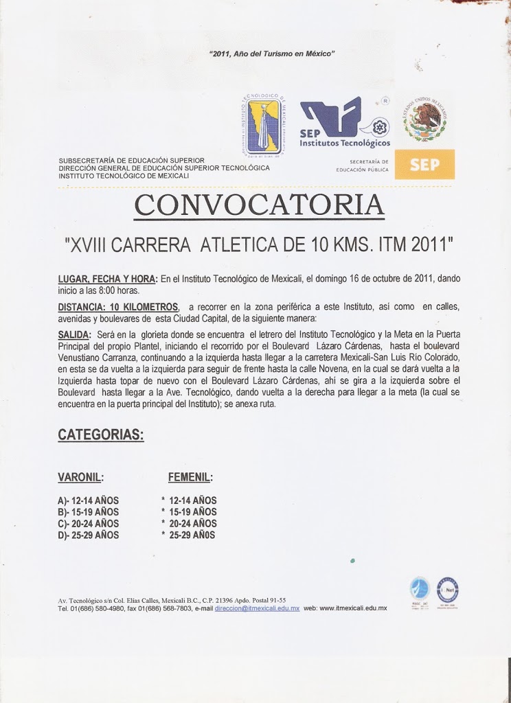 Convocatoria XVIII Carrera Atlética de 10 Kms. del Instituto Tegnológico de Mexicali 2011.