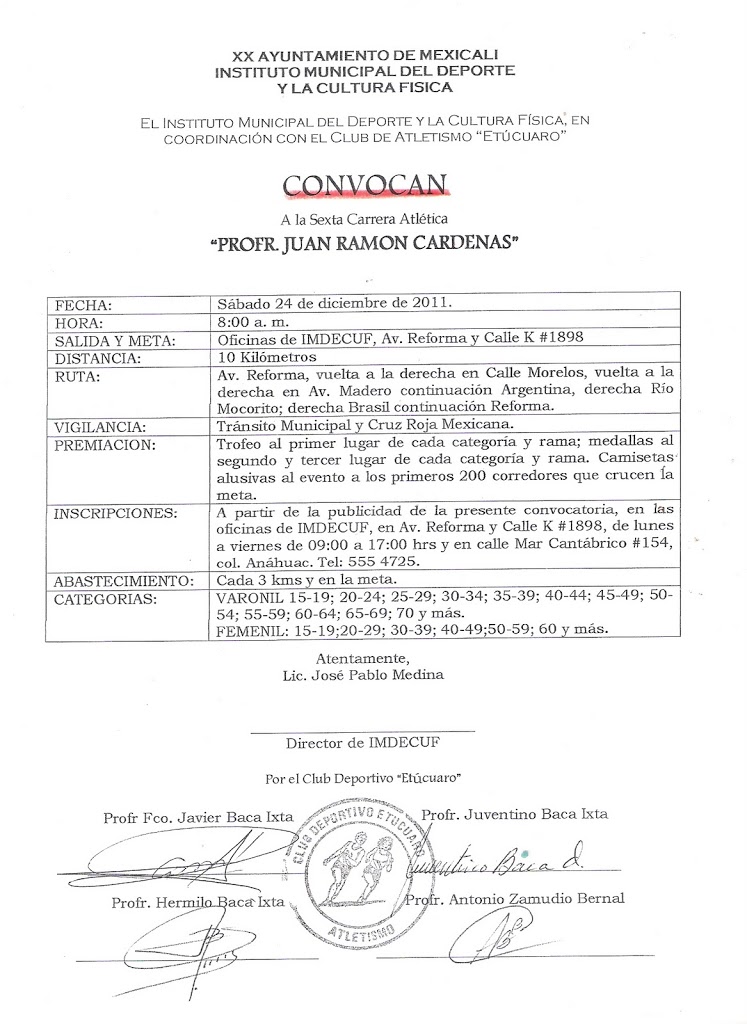 Convocatoria Sexta Carrera Atlética Profr. Juan Ramón Cárdenas 2011.